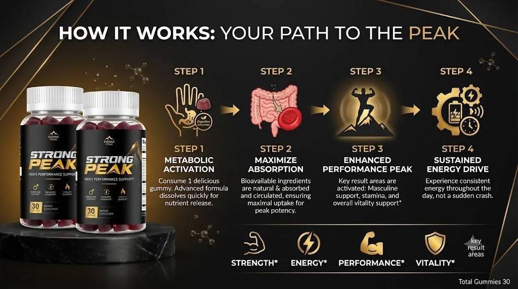 Brand infographic: how Strong Peak is marketed to work, from taking one gummy to sustained energy